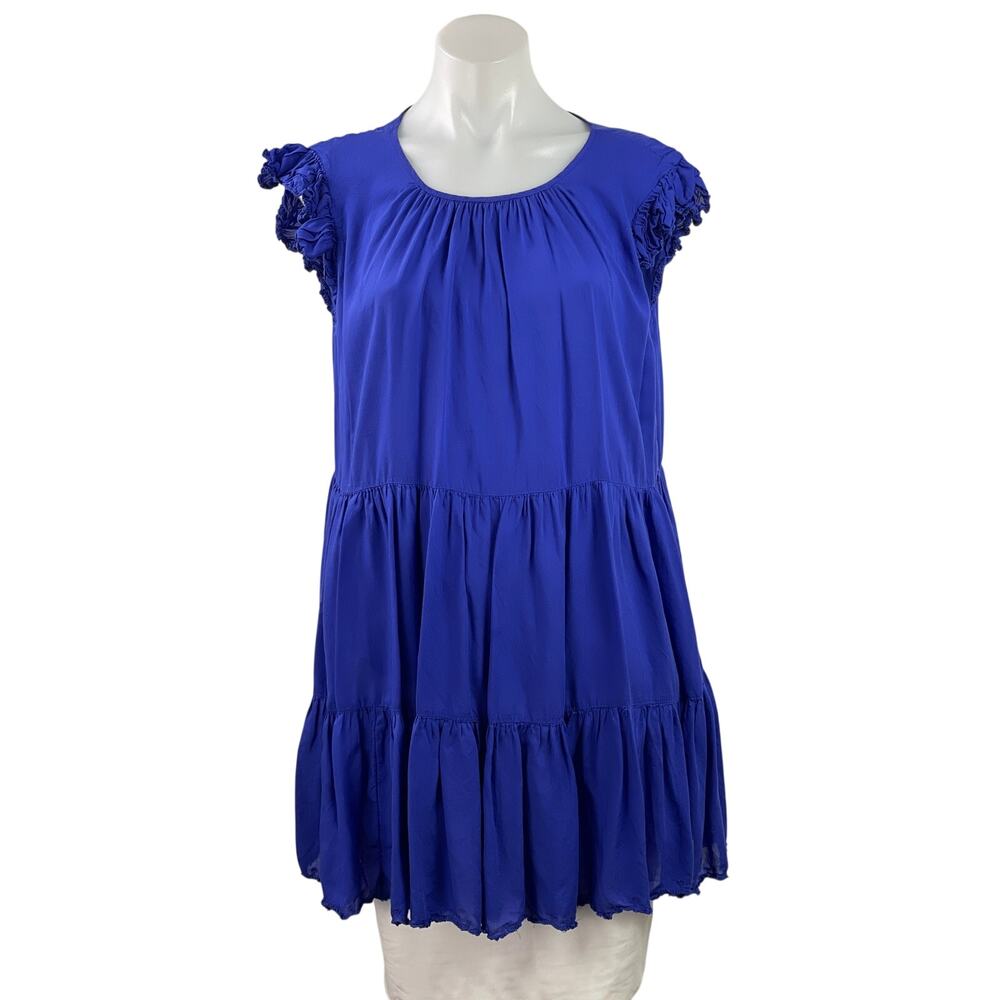 Aritzia Wilfred Women's Blue Ruffle Round Neck Tiered Tunic Blouse Top Size XS